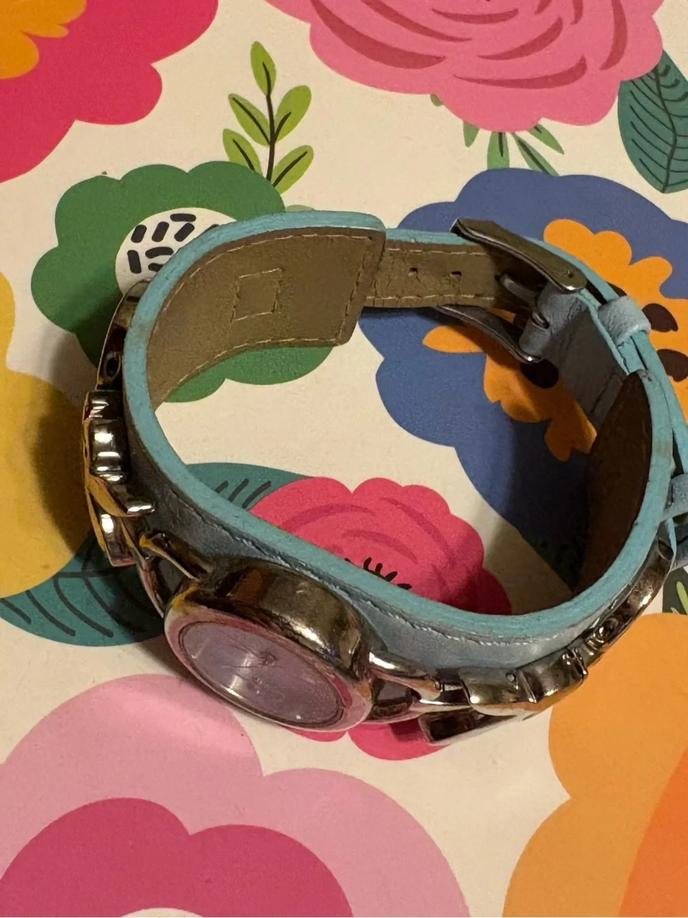 Vintage Y2K 2000s PLAYBOY Light Blue Stainless Steel Faux Leather Bracelet Watch